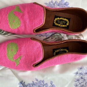 LARKSPUR Needlepoint pink with green whale shoes